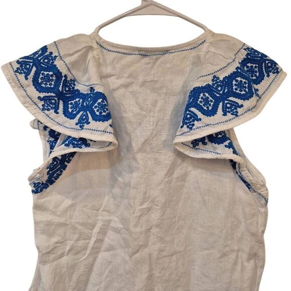 J. Crew Women's White Linen w Blue Embroidery Ruffle Sleeves Top - Picture 11 of 13